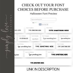 The image is a screenshot of a font choices page for a Halloween font preview. It displays various font options, including different types of fonts such as Gothic, Gothic 2, Gothic 3, and Gothic 3. The page allows the user to type something here to select their preferred font. The page also includes a link in the description section for further information.