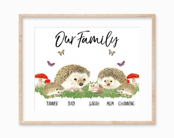 Custom Hedgehog Family Print, Custom Family Portrait, Hedgehog Family Art, Hedgehog Wall Art, Hedgehog Lover Gift