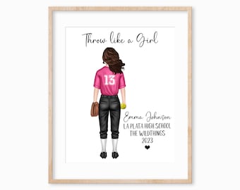 Personalized Teen Girl Softball Print, Softball Team Gift, Softball Player Gift, Softball Player Portrait