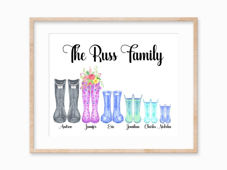 Personalized Family Rain Boots Print, Christmas Gift for Mom, Welly Boot Family, Personalize Gift Mom image 1