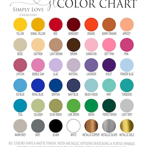 The image is a color chart that displays a variety of color options, including different shades of yellow, red, orange, and more. The chart provides a visual representation of the available colors, with some colors having a matte finish and others having metallic options. The chart also mentions that all colors have a matte finish, but some colors may vary slightly due to differences in computer screen display. The chart is free to use and can be customized with additional color samples.