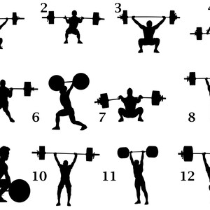 May include: A black and white illustration of 12 different weightlifting poses. The figures are all in silhouette and are lifting a barbell.