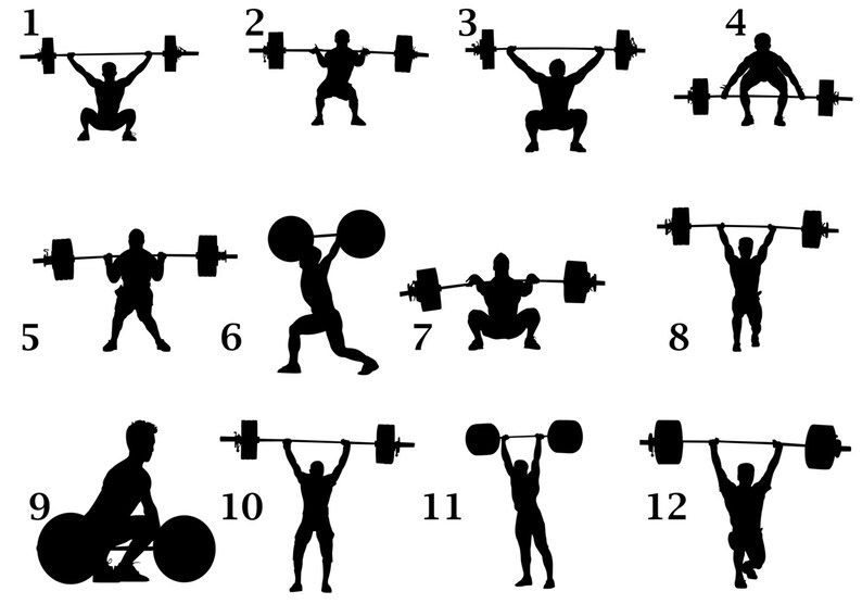 May include: A black and white illustration of 12 different weightlifting poses. The figures are all in silhouette and are lifting a barbell.