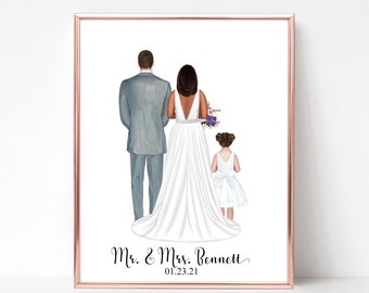 Personalized Bride and Groom Print, Bride and Groom Illustration with Pets, Family Wedding Gift, Wedding Gift for Her
