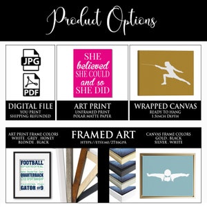 May include: A product mockup showing different ways to display a digital art print. The print features the text "She believed she could and so she did" in pink letters on a hot pink background. The options include a digital file, an art print, a framed art print, and a wrapped canvas.