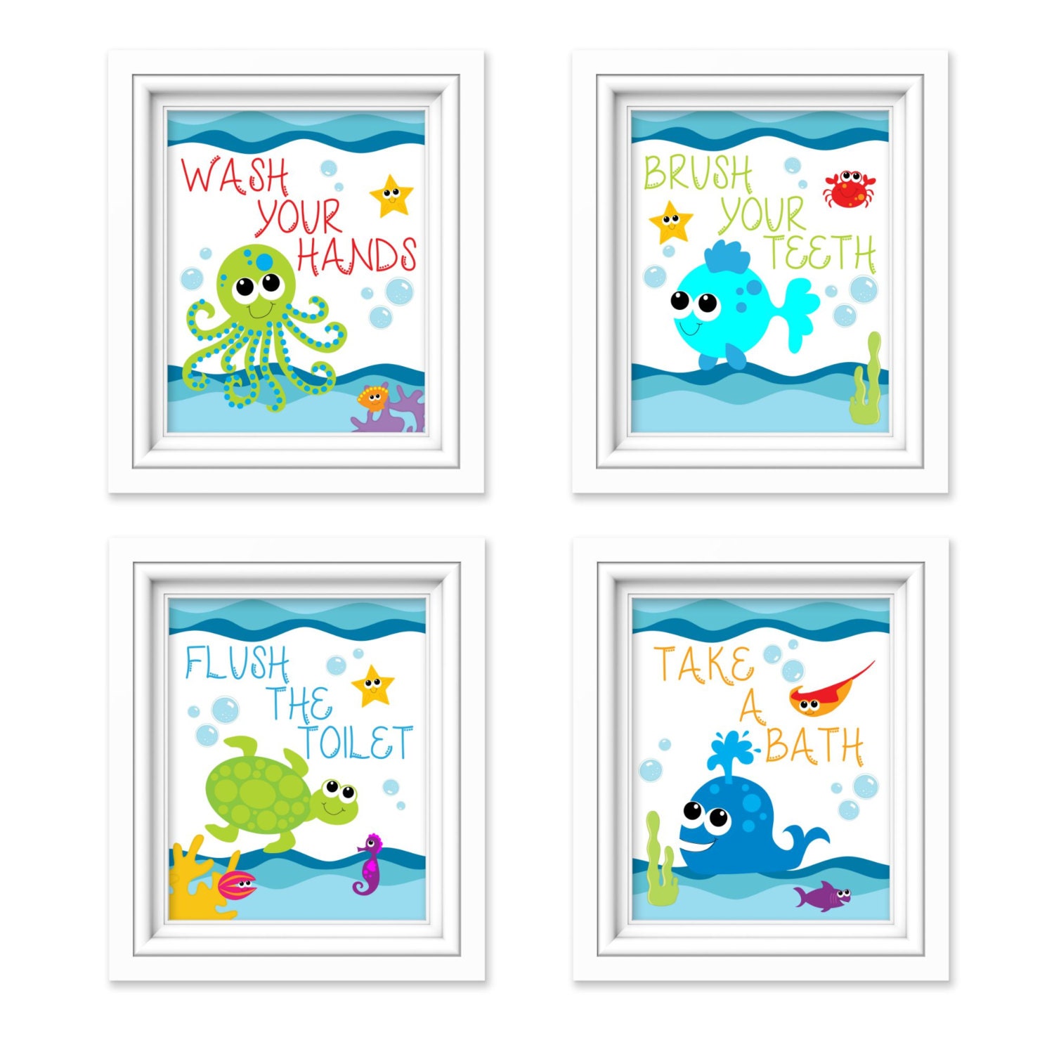 Kids Bathroom Art Sea Creature Bathroom Print Set Under The Etsy