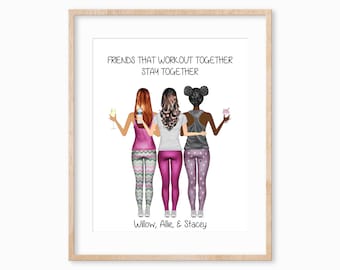 Workout Friends Portrait, Custom Best Friend Gift, Best Friend Gift, Fitness Friends, Gift for Gym Buddies, Gym Friends Print