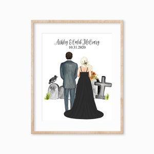 Personalized Bride and Groom Print, Bride and Groom Halloween Wedding Gift, October Wedding Gift, Halloween Wedding Portrait