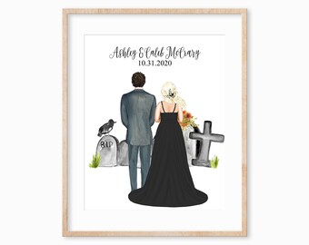 Personalized Bride and Groom Print, Bride and Groom Halloween Wedding Gift, October Wedding Gift, Halloween Wedding Portrait