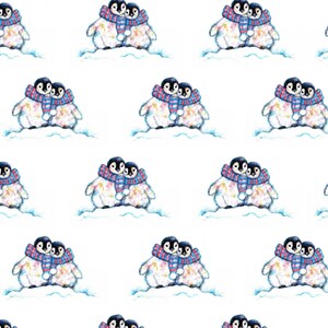 May include: A repeating pattern of watercolor penguins, each with a black head and white body, wearing a blue and pink scarf. The penguins are hugging each other and standing on a snowy surface against a white background. The design is whimsical and playful.