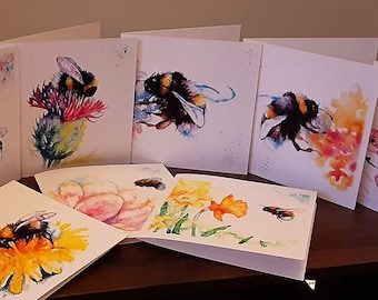 Tarjetas de abejas, nueve tarjetas de acuarela de arte de abeja