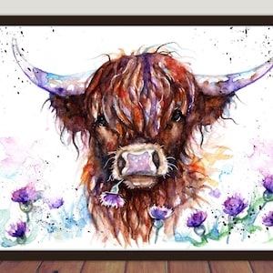 Highland Cow painting print original watercolour wall art by BebesArts