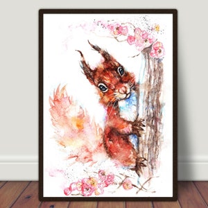 Stampa artistica dello scoiattolo rosso, arte della parete dello scoiattolo, simpatica immagine della fauna selvatica dello scoiattolo.