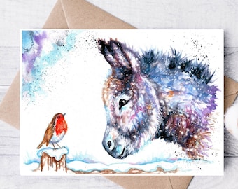 Animal Christmas card,Donkey and Robin greetings card.