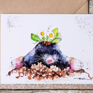 Cartão de saudações da vida selvagem. Cartão de arte toupeira. Cartão de arte em branco. Cartão de Dia das Mães. Cartão de cumprimentos de arte da vida selvagem. Cartão personalizado. Cartão de aniversário.