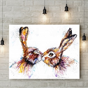 Hare art print, hares wall art large box canvas. Kissing hares.