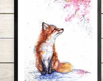 Fox and blossom wall art, original watercolour.