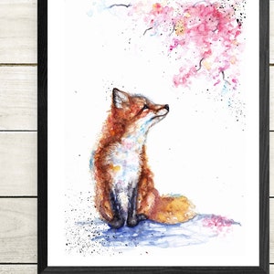 Fox and blossom wall art, original watercolour.