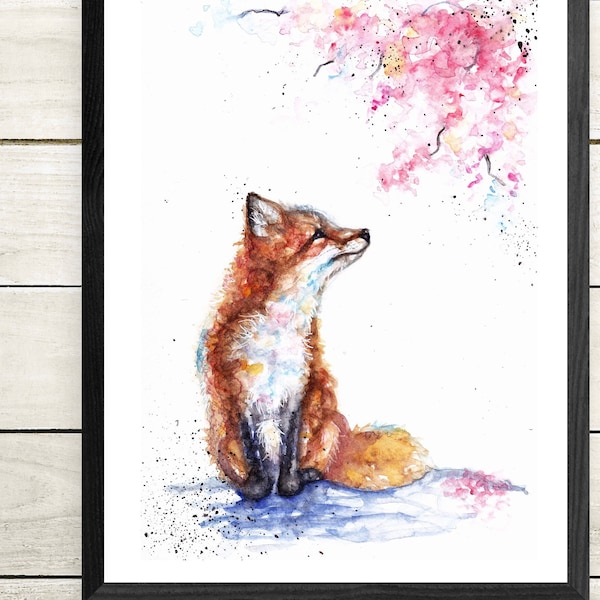 Arte mural de zorro y flor, acuarela original.