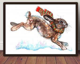 Christmas Hare Watercolour Painting, wrapping paper, postcard,Christmas Card, Christmas Hare Print, Wall Hanging, Christmas,Gift Stationary