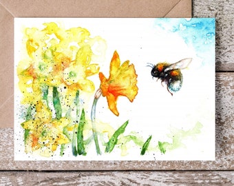 Bumble bee greetings card, bee and daffodil art card.