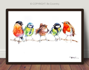 British Garden Birds Watercolor Art Print: Wildlife Painting