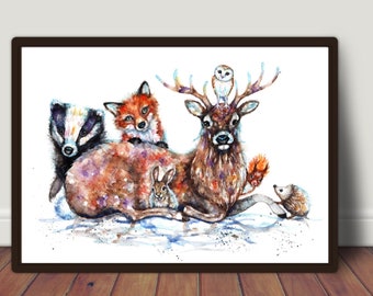 Woodland Animals , Prints, Artcards, Picture,wildlife Artwork,poster ,animals,art, Watercolour,Woodland ,wild animals.gift, countryside