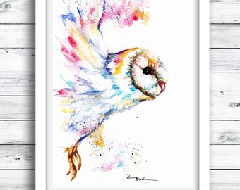 Barn Owl Watercolor Art Print: Colorful Bird Wall Art