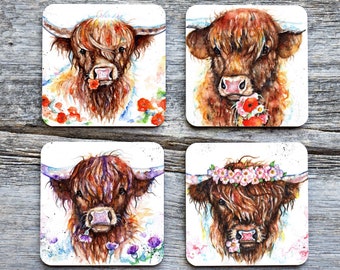 Highland cow coaster, wildlife drinkware, gift.