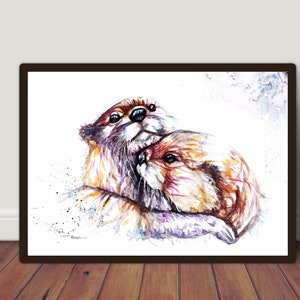 Otters art print, animal watercolour art, wildlife wall decor.