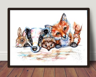 Woodland animals art print, wildlife painting wall decor.