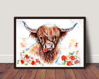 Impresión de acuarela de vaca de las tierras altas