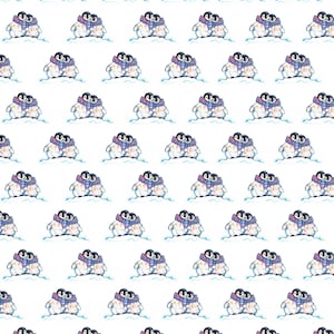 May include: A repeating pattern of watercolor penguins, each wearing a scarf. The penguins are in pairs, hugging each other. The scarves have a blue, pink, and yellow pattern. The background is white.