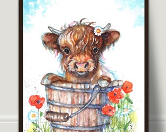 Impresión de acuarela de vaca de las Highlands, regalo para ella.