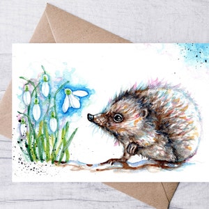 Biglietto d'auguri di riccio e bucaneve, carta d'arte riccio, carta della fauna selvatica