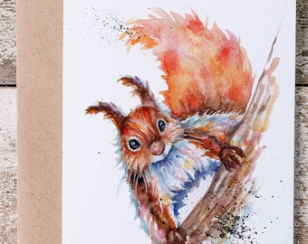 Red squirrel card, squirrel art card, wildlife greetings card.