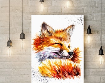 Foxes,Canvas,Snoozing Fox,Watercolour Art Canvas Print, Canvas Wall Art,Wall Art , Animal Wall, Canvas Print ,Wildlife Art Canvas,box canvas
