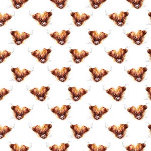 May include: A seamless pattern featuring a repeating design of brown Highland cattle heads with white horns. The cattle are depicted in a watercolor style against a white background.