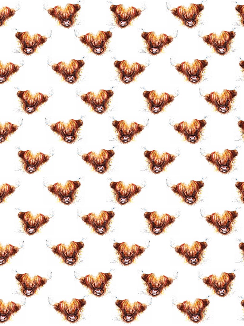 May include: A seamless pattern featuring a repeating design of brown Highland cattle heads with white horns. The cattle are depicted in a watercolor style against a white background.