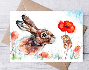 Hare and Poppy greetings card, Harvest Mouse art card, Wildlife card