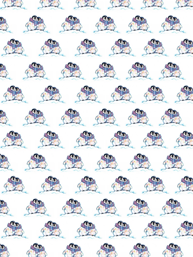 May include: A repeating pattern of watercolor penguins, each wearing a scarf. The penguins are in pairs, hugging each other. The scarves have a blue, pink, and yellow pattern. The background is white.