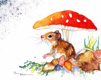 Mouse and mushroom art , Woodmouse art print.