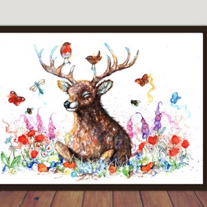 Wald Hirsch Aquarell Wandkunst, Geschenk Druck.