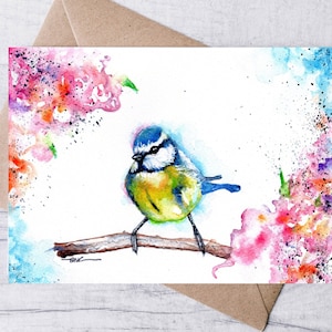 Vogel Grußkarte.  Blanko Karte für süßes Muttertagsgeschenk. Gartenvogel Karte. Blaumeise und Blütenkarte. Personalisierungskunst. Blütendruck