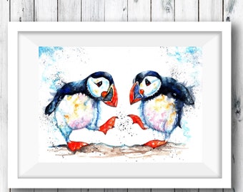 Puffins painting print, puffins watercolour art wall decor. Puffin picture.