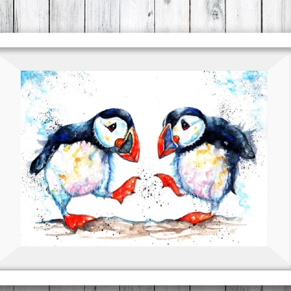 Puffins painting print, puffins watercolour art wall decor. Puffin picture.