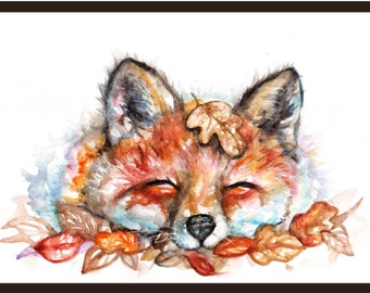 Autumn fox, Fall watercolour painting print.