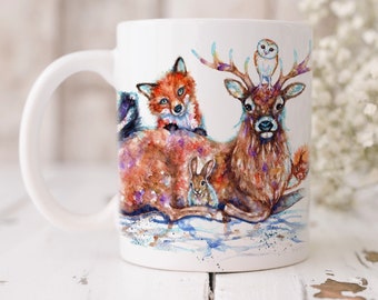 Woodland Animals Art Mug, Wildlife watercolour Mug, Wildlife beaker, Animals  Mug.