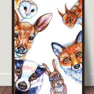 Impresión de arte de acuarela de animales del bosque, acuarela de bosque.