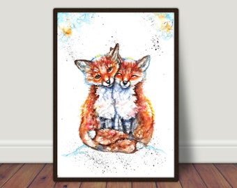 Fox Watercolor Art Print: Lovin Foxes, Wildlife Cottage Style
